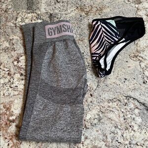 Gymshark Heather Gray Leggings and Zebra Print bikini bottoms